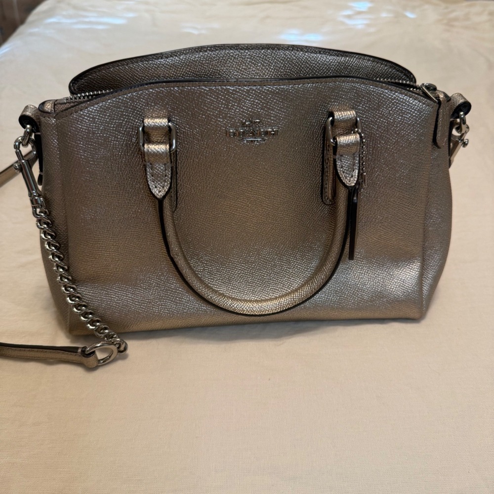 Coach Metallic Silver/Gold Crossgrain Leather Satchel Crossbody Bag F25595 - Picture 4 of 4